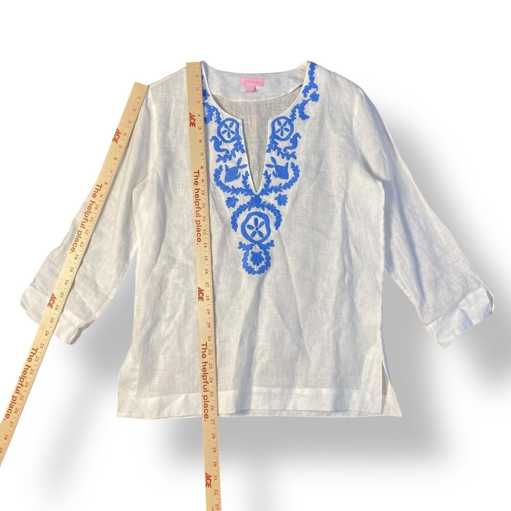 Lilly Pulitzer Amelia Island White Blue Linen Tunic Top Size Small Coastal - Picture 4 of 9